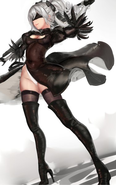 Anime picture 2200x3507 with idolmaster idolmaster cinderella girls nier nier:automata yorha no. 2 type b kanzaki ranko scarlethy (artist) single long hair tall image fringe highres breasts light erotic smile hair between eyes standing white background twintails silver hair