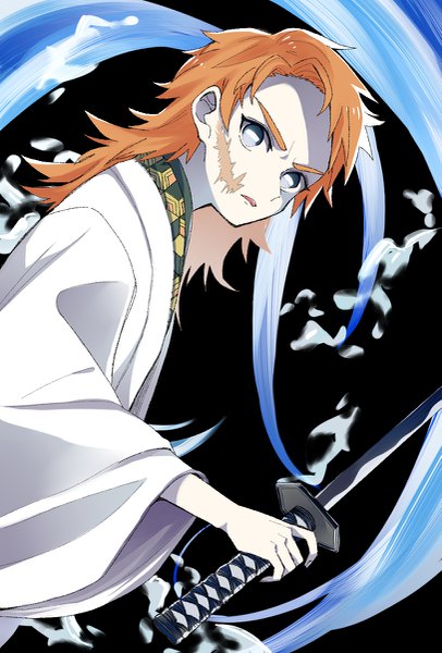 Anime picture 813x1200 with kimetsu no yaiba ufotable sabito (kimetsu) ame to single long hair tall image looking at viewer open mouth simple background holding upper body traditional clothes japanese clothes orange hair grey eyes black background scar boy weapon