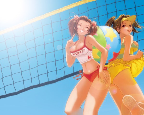 Anime picture 1280x1024 with original kobayashi yuji breasts open mouth light erotic smile brown hair twintails multiple girls eyes closed sunlight short twintails skirt lift third-party edit back to back extended beach volleyball girl underwear panties