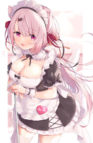 Anime picture 1300x2000 with virtual youtuber nijisanji shiina yuika ksk (semicha keisuke) single long hair tall image looking at viewer blush fringe breasts open mouth light erotic hair between eyes large breasts standing holding animal ears payot pink hair