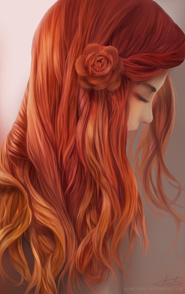 Anime picture 632x1000 with original aionlights single long hair tall image open mouth signed upper body eyes closed profile hair flower orange hair gradient background gradient hair girl flower (flowers) rose (roses)