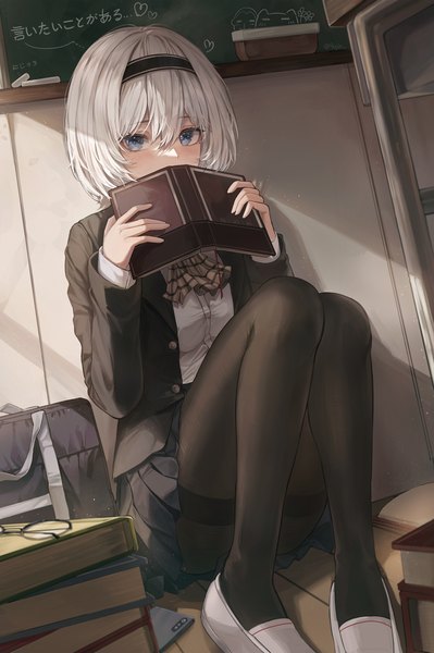 Anime picture 2372x3563 with original 2gong (9ujin ) single tall image looking at viewer blush fringe highres short hair blue eyes light erotic hair between eyes sitting holding full body bent knee (knees) white hair indoors long sleeves pleated skirt