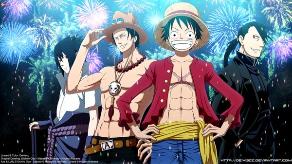 Anime picture 1920x1080 with naruto one piece fullmetal alchemist fullmetal alchemist brotherhood studio pierrot toei animation naruto (series) studio bones uchiha sasuke monkey d. luffy portgas d. ace greed ling yao deiviscc long hair fringe highres short hair black hair smile