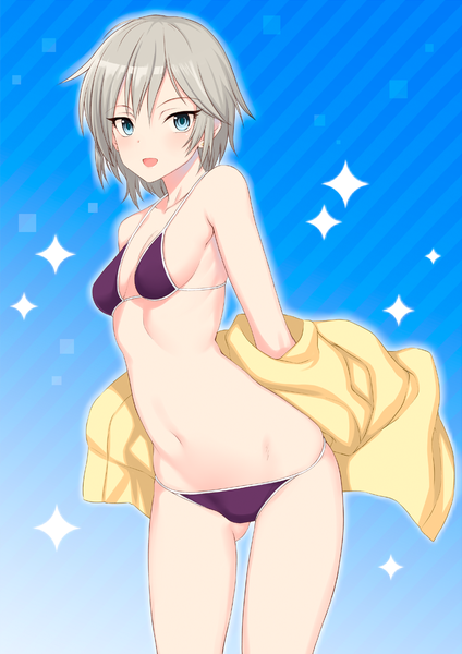 Anime picture 1000x1414 with idolmaster idolmaster cinderella girls anastasia (idolmaster) kanna kanaki single tall image looking at viewer blush short hair open mouth blue eyes light erotic silver hair ass visible through thighs blue background girl navel swimsuit bikini black bikini