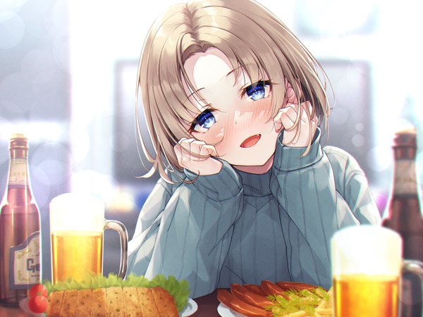 Anime picture 3000x2250 with original hasumi (hasubatake39) single looking at viewer blush highres short hair open mouth blue eyes blonde hair long sleeves head tilt :d sleeves past wrists head rest girl food sweater bottle alcohol