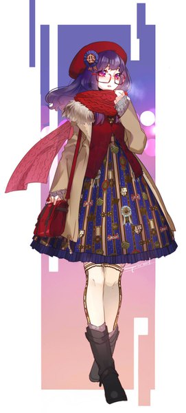 Anime picture 679x1500 with original sptuel single long hair tall image looking at viewer fringe simple background standing signed purple hair full body blunt bangs pink eyes open jacket fur trim crossed legs (standing) girl thighhighs glasses