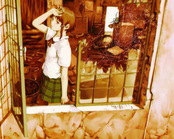 Anime picture 1280x1024 with serial experiments lain iwakura lain abe yoshitoshi single looking at viewer short hair brown hair brown eyes official art plaid skirt asymmetrical hair girl skirt uniform hair ornament school uniform window hairclip insect butterfly