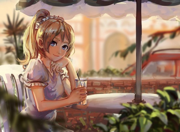 Anime picture 4100x3000 with love live! school idol project sunrise (studio) love live! ayase eli sishenfan single long hair looking at viewer highres blue eyes blonde hair smile sitting absurdres ponytail short sleeves puffy sleeves street girl plant (plants)