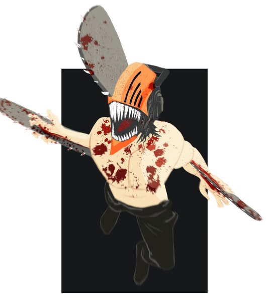Anime picture 1789x2012 with chainsaw man mappa denji (chainsaw man) giganya single tall image highres open mouth simple background full body from above teeth topless outside border sharp teeth blood on face screaming boy blood chainsaw