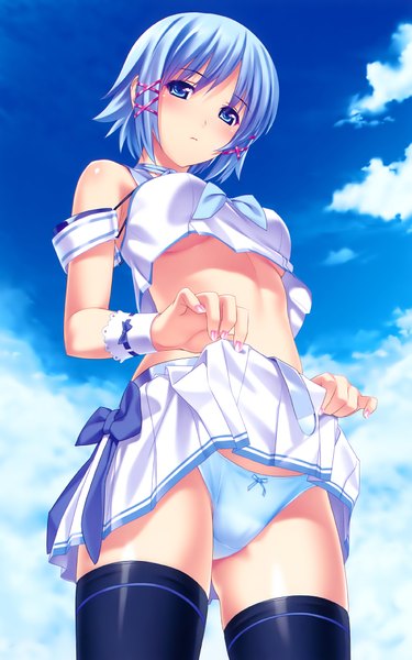 Anime picture 1200x1920 with tropical kiss himuro rikka koutaro single tall image short hair blue eyes light erotic blue hair cloud (clouds) skirt lift girl thighhighs underwear panties black thighhighs