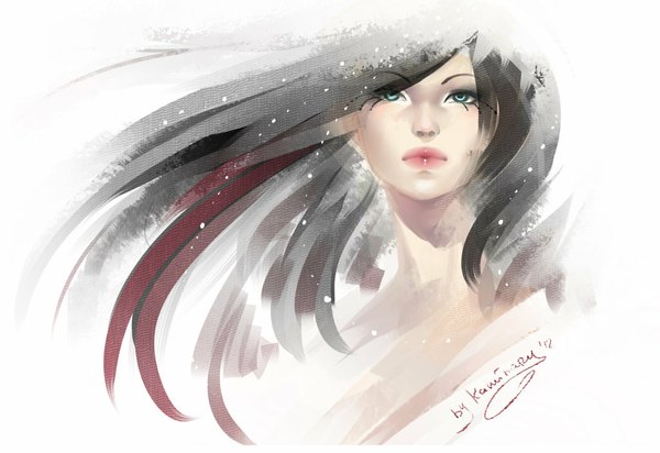 Anime picture 1024x704 with original kaminary single long hair black hair simple background white background aqua eyes wind face girl