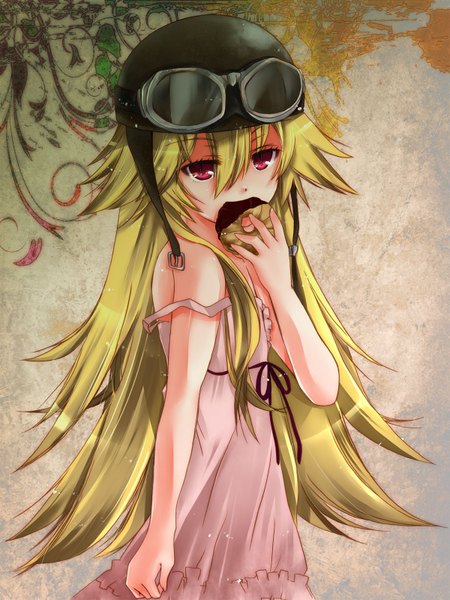 Anime picture 1200x1600 with bakemonogatari shaft (studio) monogatari (series) oshino shinobu yuuki sara (artist) single long hair tall image looking at viewer fringe blonde hair hair between eyes red eyes sleeveless strap slip eating goggles on head girl dress glasses