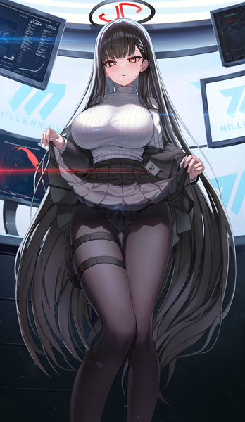 Anime picture 3644x6286 with blue archive rio (blue archive) gwinggwing single tall image looking at viewer fringe highres breasts open mouth light erotic black hair red eyes large breasts standing absurdres indoors blunt bangs very long hair pleated skirt