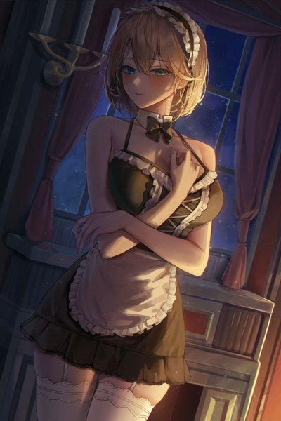 Anime picture 3500x5250 with how to live as a writer in a fantasy world meoyo single tall image looking at viewer blush fringe highres short hair breasts blue eyes light erotic blonde hair hair between eyes large breasts standing absurdres indoors night maid
