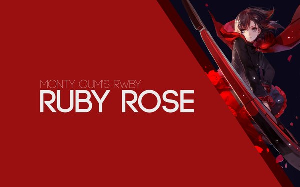 Anime picture 1920x1200 with rwby rooster teeth ruby rose ask (askzy) assassinwarrior single fringe highres short hair simple background brown hair holding looking away character names red background minimalist girl dress weapon petals