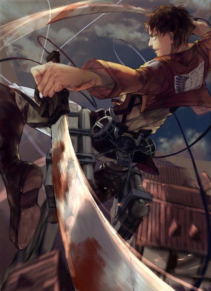 Anime picture 930x1280 with shingeki no kyojin production i.g eren yaeger mo single tall image looking at viewer brown hair holding green eyes sky cloud (clouds) profile looking back jumping dual wielding battle boy weapon sword