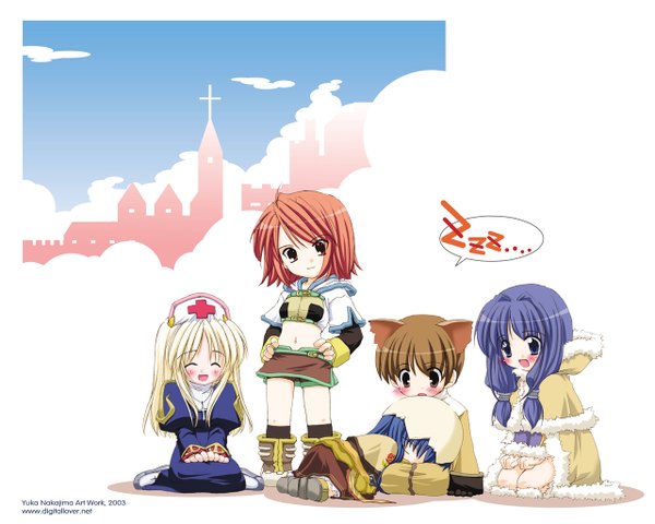Anime picture 1280x1024 with ragnarok online priest (ragnarok online) acolyte (ragnarok online) hunter (ragnarok online) swordsman (ragnarok online) nakajima yuka long hair blush short hair open mouth blue eyes blonde hair red eyes brown hair white background sitting multiple girls brown eyes signed animal ears
