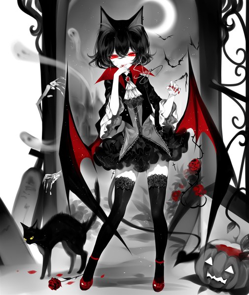 Anime picture 1684x2000 with original sheya single tall image looking at viewer fringe short hair open mouth black hair smile hair between eyes red eyes standing signed animal ears full body tail cat ears wide sleeves high heels