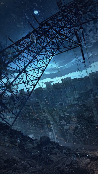 Anime-Bild 3376x6000 mit original banishment single long hair tall image highres sitting absurdres sky cloud (clouds) full body outdoors night city cityscape girl plant (plants) moon full moon power lines