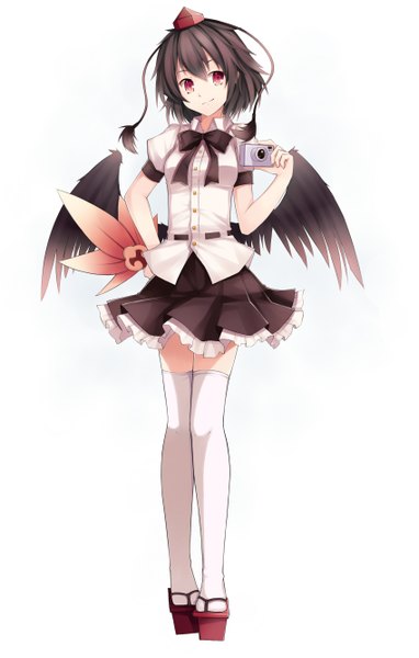 Anime picture 1698x2667 with touhou shameimaru aya mushroom (artist) tall image short hair black hair simple background red eyes white background girl thighhighs skirt miniskirt shirt white thighhighs wings fan camera hauchiwa