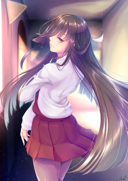 Anime picture 1505x2125 with kantai collection hayashimo destroyer kurofude anna single long hair tall image looking at viewer fringe brown hair brown eyes signed looking back lips hair over one eye floating hair girl uniform school uniform
