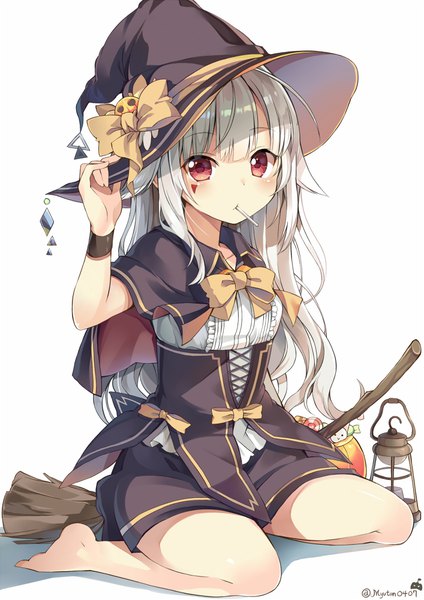 Anime picture 707x1000 with original myuton single long hair tall image looking at viewer blush simple background red eyes white background sitting signed payot barefoot grey hair halloween adjusting hat witch yokozuwari girl