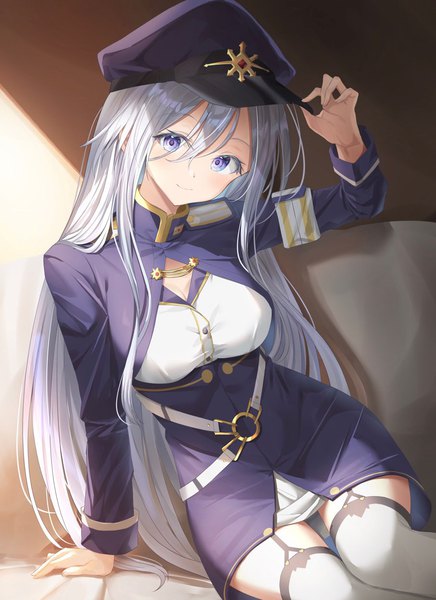 Anime picture 906x1246 with 86 -eightysix- vladilena millize kanaria hisagi single long hair tall image looking at viewer fringe smile hair between eyes sitting purple eyes silver hair arm support adjusting hat girl thighhighs hat white thighhighs garter straps