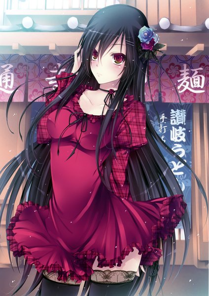 Anime picture 2220x3140 with original kobayashi yoshitaka single long hair tall image blush highres black hair red eyes hair flower scan zettai ryouiki girl thighhighs dress hair ornament flower (flowers) black thighhighs