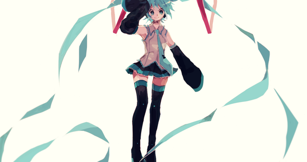 Anime picture 1200x637 with vocaloid hatsune miku lunch (lunchicken) single looking at viewer simple background smile wide image white background twintails long sleeves very long hair aqua eyes aqua hair girl skirt detached sleeves miniskirt necktie boots