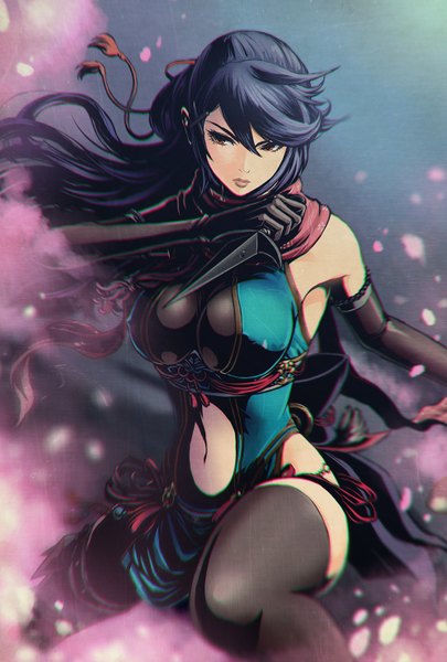 Anime picture 1000x1480 with senran no samurai kingdom amaguchi chiyoko single long hair tall image fringe breasts light erotic large breasts brown eyes blue hair looking away bent knee (knees) arm up lips blurry midriff erect nipples cherry blossoms covered nipples