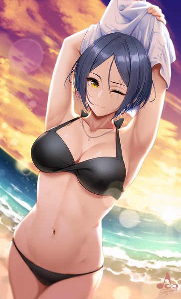 Anime picture 968x1600 with idolmaster idolmaster cinderella girls hayami kanade infinote single tall image looking at viewer fringe short hair breasts light erotic hair between eyes standing signed yellow eyes blue hair sky cleavage cloud (clouds) outdoors