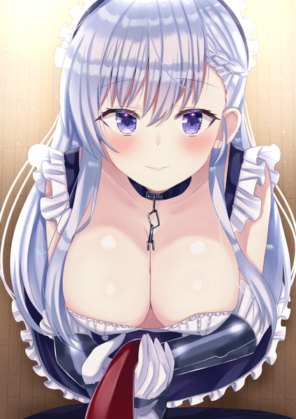 Anime picture 730x1034 with azur lane belfast (azur lane) nibosi long hair tall image looking at viewer blush fringe breasts light erotic smile hair between eyes large breasts purple eyes cleavage silver hair solo focus pov necktie grab girl