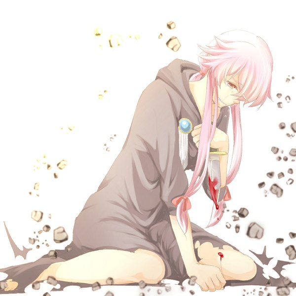 Anime picture 1000x1000 with mirai nikki gasai yuno yuom single long hair simple background white background sitting holding pink hair pink eyes barefoot bare legs legs tears crying sad girl weapon blood