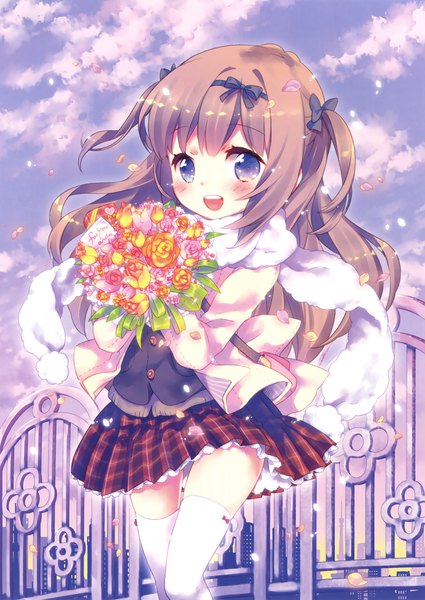 Anime picture 2477x3500 with original ech single long hair tall image looking at viewer blush highres brown hair purple eyes sky cloud (clouds) scan official art girl thighhighs skirt flower (flowers) bow hair bow