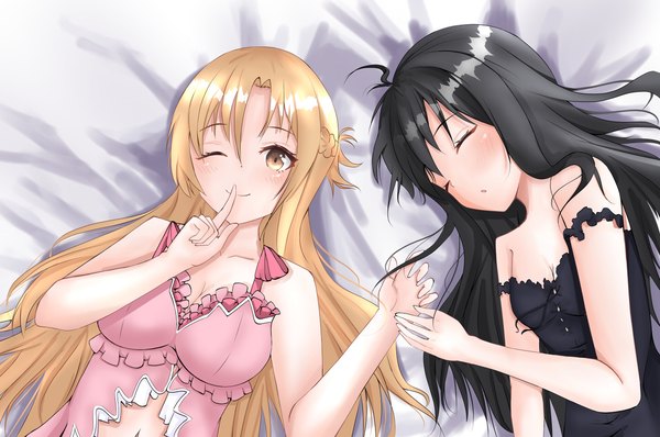 Anime picture 1280x849 with sword art online accel world sunrise (studio) a-1 pictures yuuki asuna kuroyukihime deathcure0722 long hair looking at viewer blush fringe breasts open mouth light erotic black hair smile hair between eyes brown hair large breasts bare shoulders