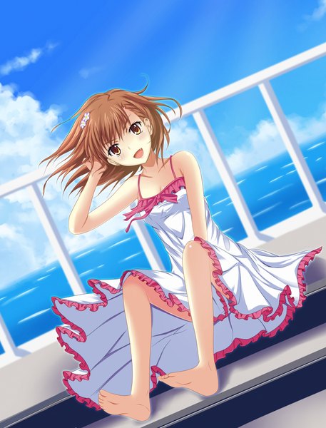 Anime picture 1600x2100 with to aru kagaku no railgun to aru majutsu no index j.c. staff misaka mikoto kamiko to seiryoku single tall image short hair open mouth brown hair brown eyes barefoot teeth fang (fangs) girl sundress