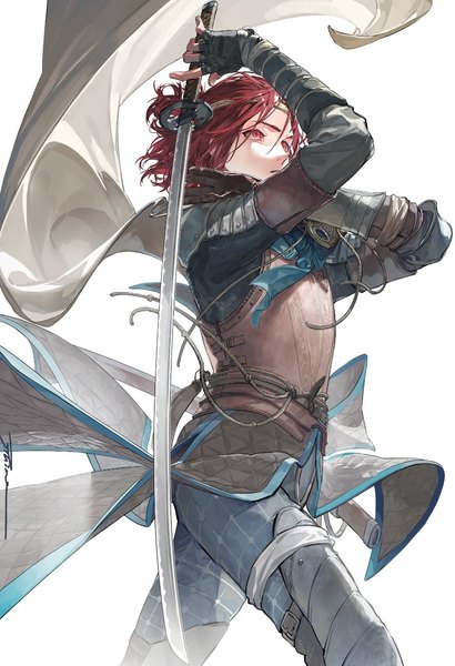 Anime-Bild 905x1325 mit elden ring tarnished (elden ring) ruint single tall image fringe short hair simple background hair between eyes red eyes standing white background holding signed looking away red hair arms up girl gloves weapon