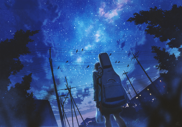 Anime picture 1337x936 with original mocha (cotton) single long hair brown hair standing cloud (clouds) from behind blurry night from below dutch angle depth of field night sky fur trim evening walking scenic milky way girl
