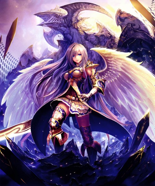Anime picture 4479x5380 with shingeki no bahamut tachikawa mushimaro (bimo) long hair tall image looking at viewer highres blue eyes absurdres silver hair scan angel wings fantasy girl weapon sword wings boots dragon armored dress