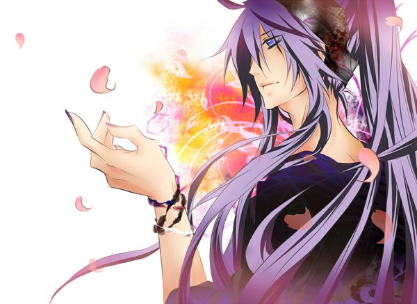 Anime picture 1096x800 with vocaloid kamui gakupo tyouya single long hair white background purple eyes purple hair wallpaper boy petals bracelet hairband