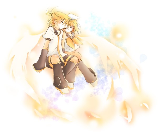 Anime picture 2000x1700 with vocaloid kagamine rin kagamine len nao (flake) blush highres short hair blonde hair eyes closed girl boy detached sleeves wings socks shoes shorts gaiters