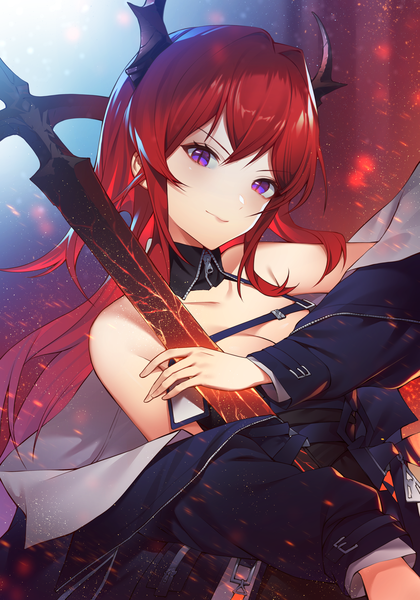 Anime picture 3500x5000 with arknights surtr (arknights) shinidei single long hair tall image looking at viewer blush fringe highres breasts hair between eyes purple eyes bare shoulders absurdres cleavage red hair head tilt horn (horns) off shoulder