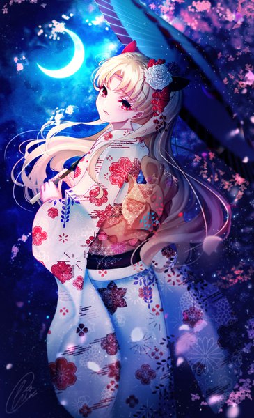Anime picture 1597x2626 with fate (series) fate/grand order ereshkigal (fate) chiachun0621 single long hair tall image looking at viewer blush fringe breasts blonde hair red eyes standing holding signed outdoors long sleeves traditional clothes parted lips