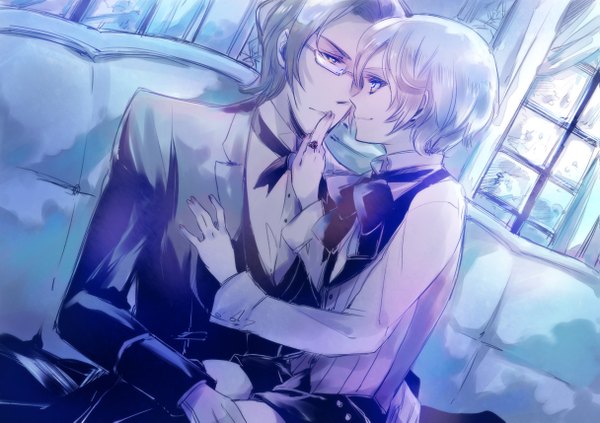 Anime picture 1215x857 with kuroshitsuji a-1 pictures alois trancy claude faustus short hair blue eyes blonde hair sitting yellow eyes green hair light smile grey hair multiple boys finger to mouth face to face shounen ai sitting on person thighhighs boy bow