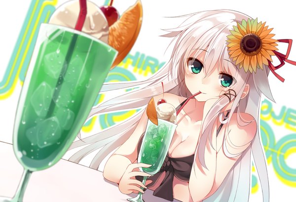 Anime picture 1000x682 with original anceril sacred mishima kurone single long hair looking at viewer blush light erotic smile sitting bare shoulders green eyes cleavage white hair hair flower drinking girl hair ornament flower (flowers) swimsuit