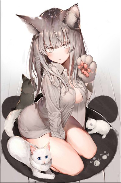 Anime picture 800x1207 with original kouyafu single long hair tall image looking at viewer blush fringe breasts light erotic simple background hair between eyes large breasts sitting animal ears silver hair full body blunt bangs cat ears bare legs