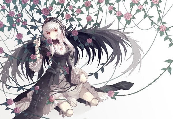 Anime picture 1400x967 with rozen maiden suigintou cuivre single long hair looking at viewer blush smile red eyes sitting white hair kneeling black wings girl dress hair ornament flower (flowers) ribbon (ribbons) hair ribbon wings