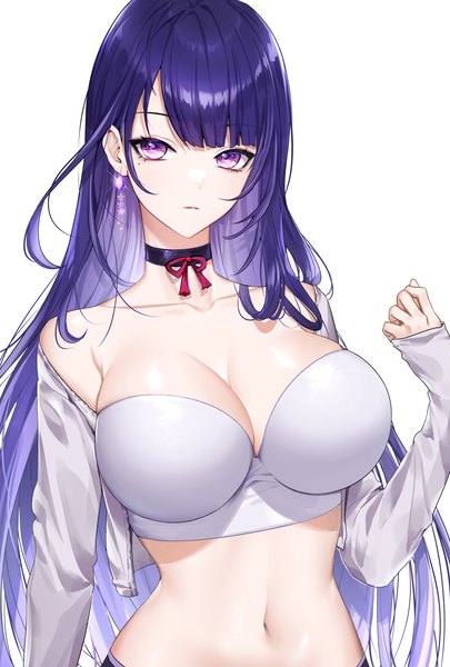 Anime picture 2756x4078 with genshin impact raiden shogun clearpage single long hair tall image looking at viewer fringe highres breasts light erotic simple background large breasts standing white background purple eyes bare shoulders purple hair upper body blunt bangs