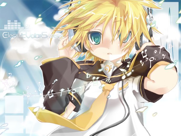 Anime picture 1200x900 with vocaloid kagamine len hekicha single blue eyes blonde hair boy detached sleeves necktie headphones musical note