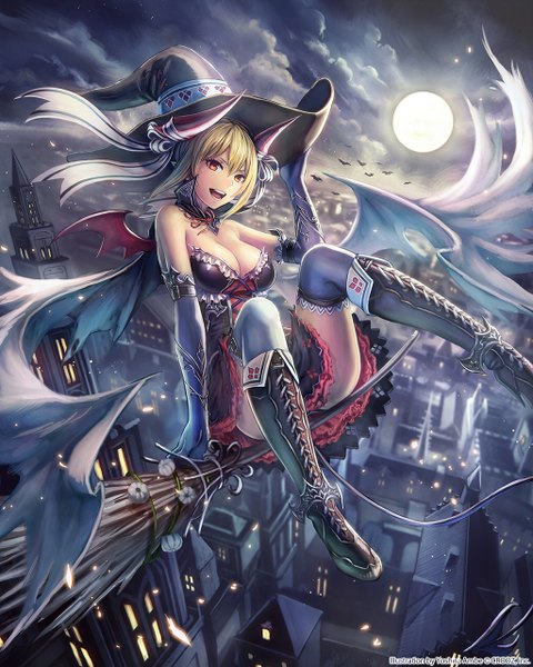Anime picture 1024x1280 with shinma x keishou! ragnabreak anbe yoshirou single tall image looking at viewer short hair breasts open mouth blonde hair brown eyes horn (horns) night halloween flying witch broom riding girl thighhighs dress gloves